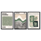 Japandi and Bauhaus Curated Set of 3 Green  Art Prints in Black Frames | Artze UK