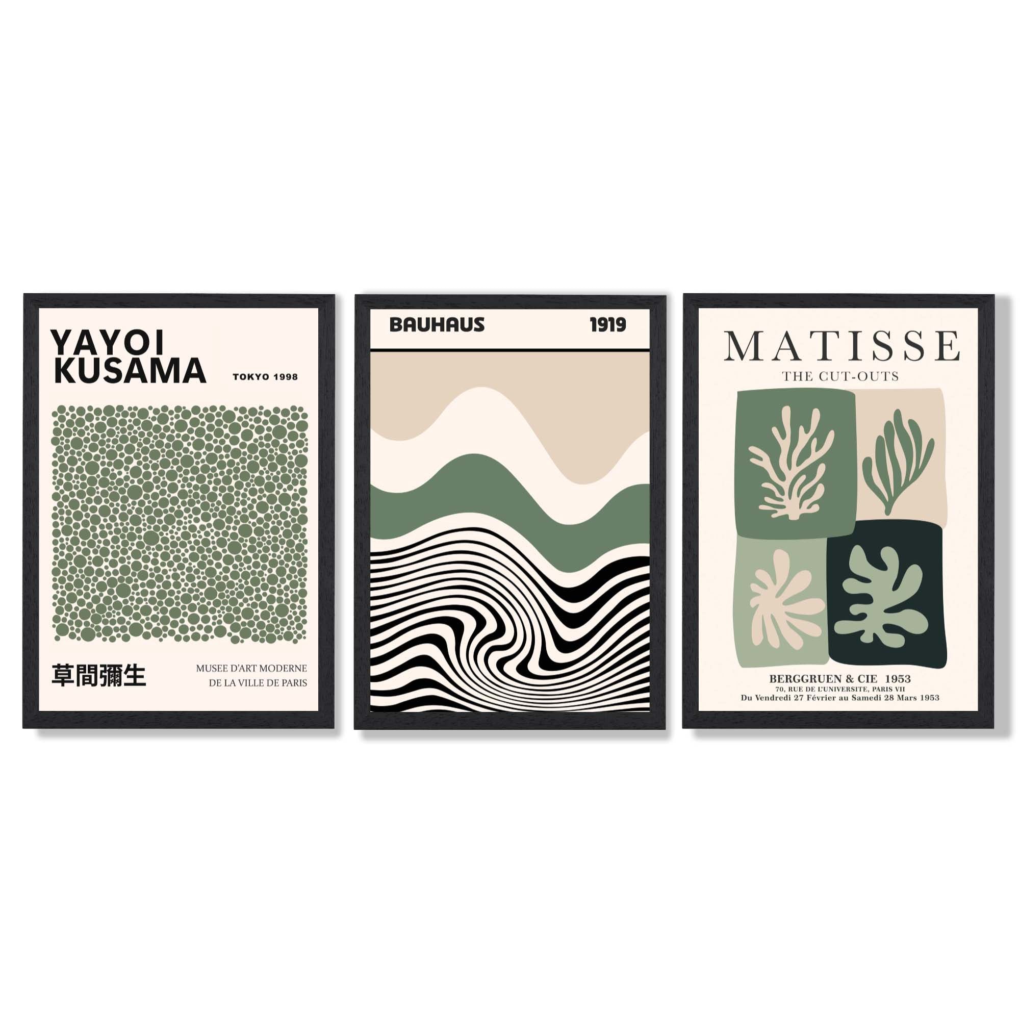 Japandi and Bauhaus Curated Set of 3 Green  Art Prints in Black Frames | Artze UK