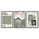 Japandi and Bauhaus Curated Set of 3 Green  Framed Wall Art with Dark Grey Wooden Frames