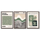 Japandi and Bauhaus Curated Set of 3 Green  Framed Wall Art with Dark Wood Frames