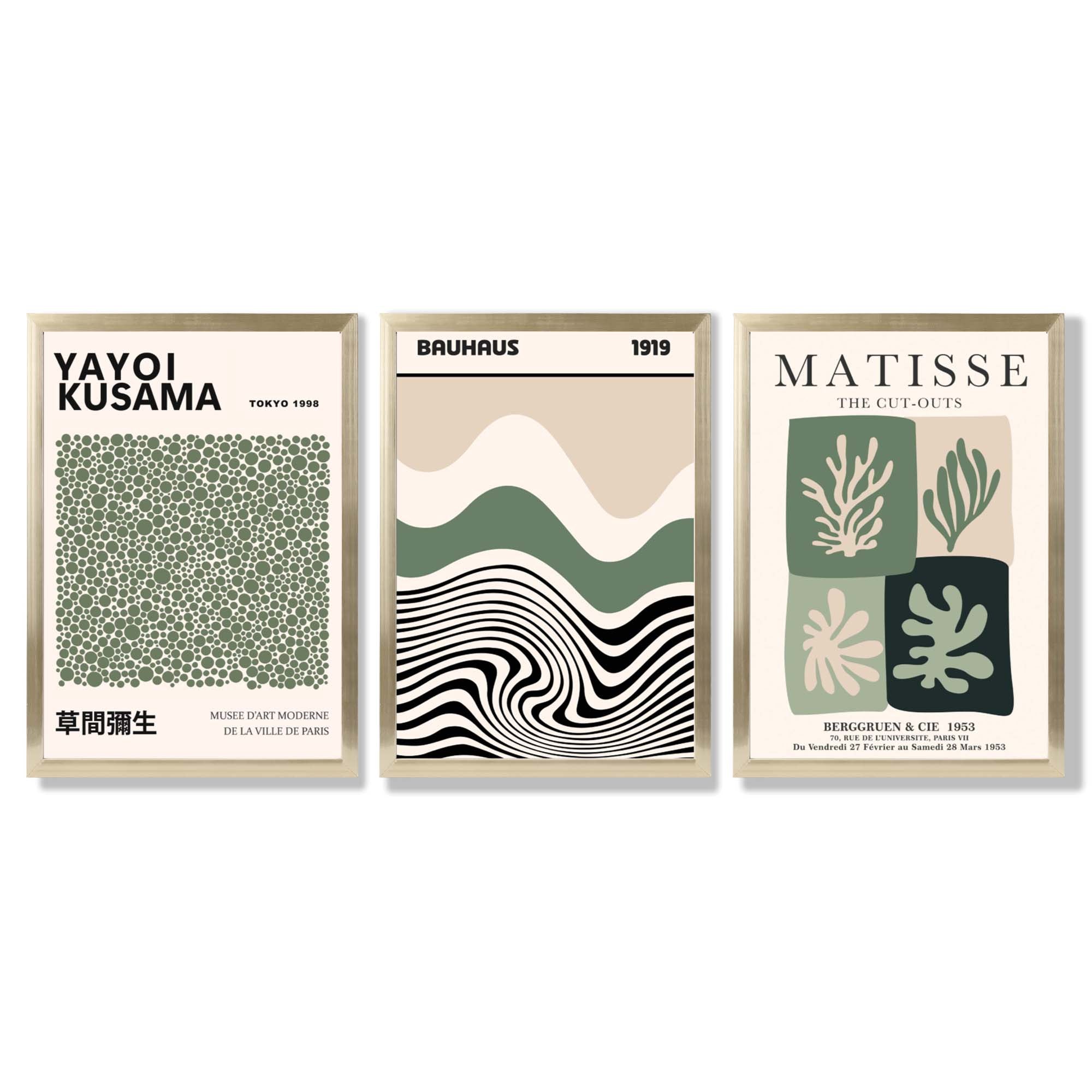 Japandi and Bauhaus Curated Set of 3 Green  Framed Wall Art with Gold Wood Frames