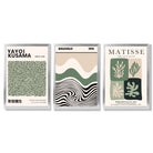 Japandi and Bauhaus Curated Set of 3 Green  Framed Wall Art with Silver Wood Frames