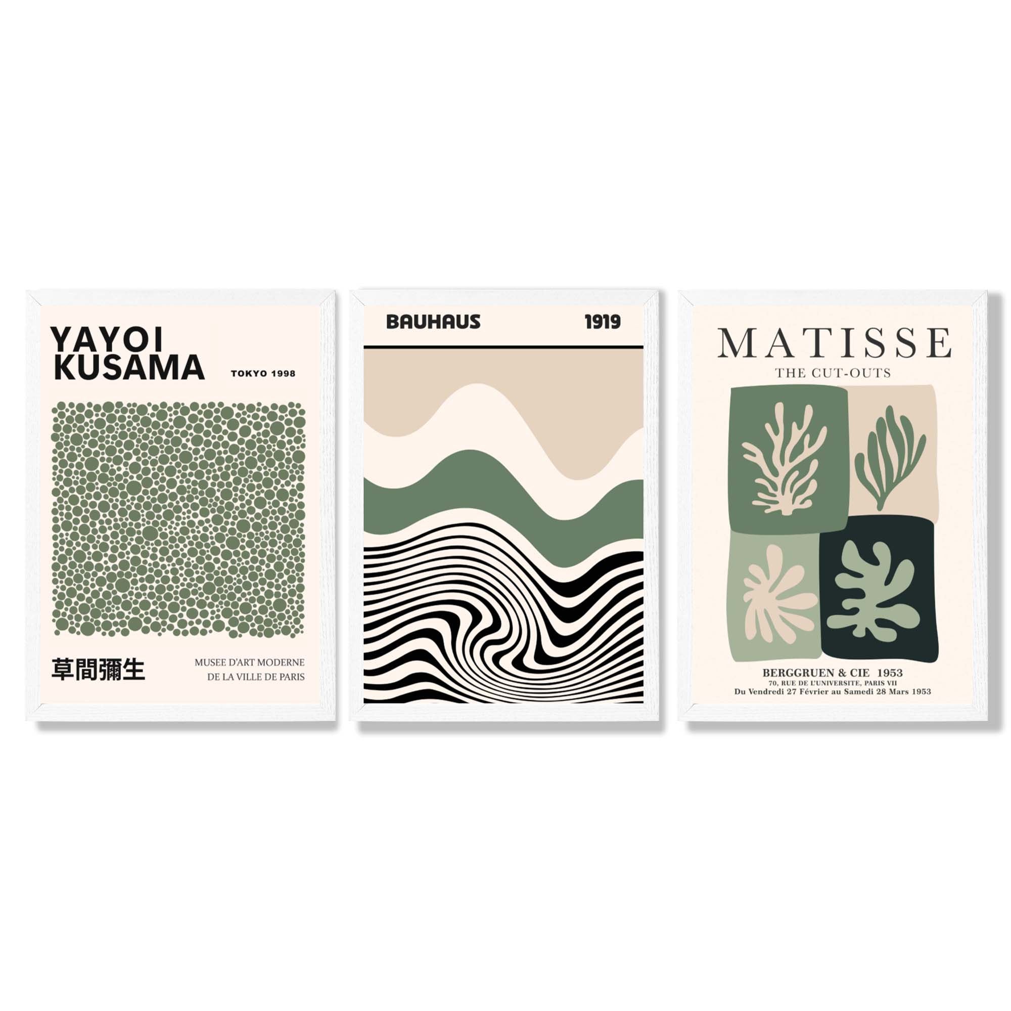 Japandi and Bauhaus Curated Set of 3 Green  Framed Wall Art with White Wooden Frames