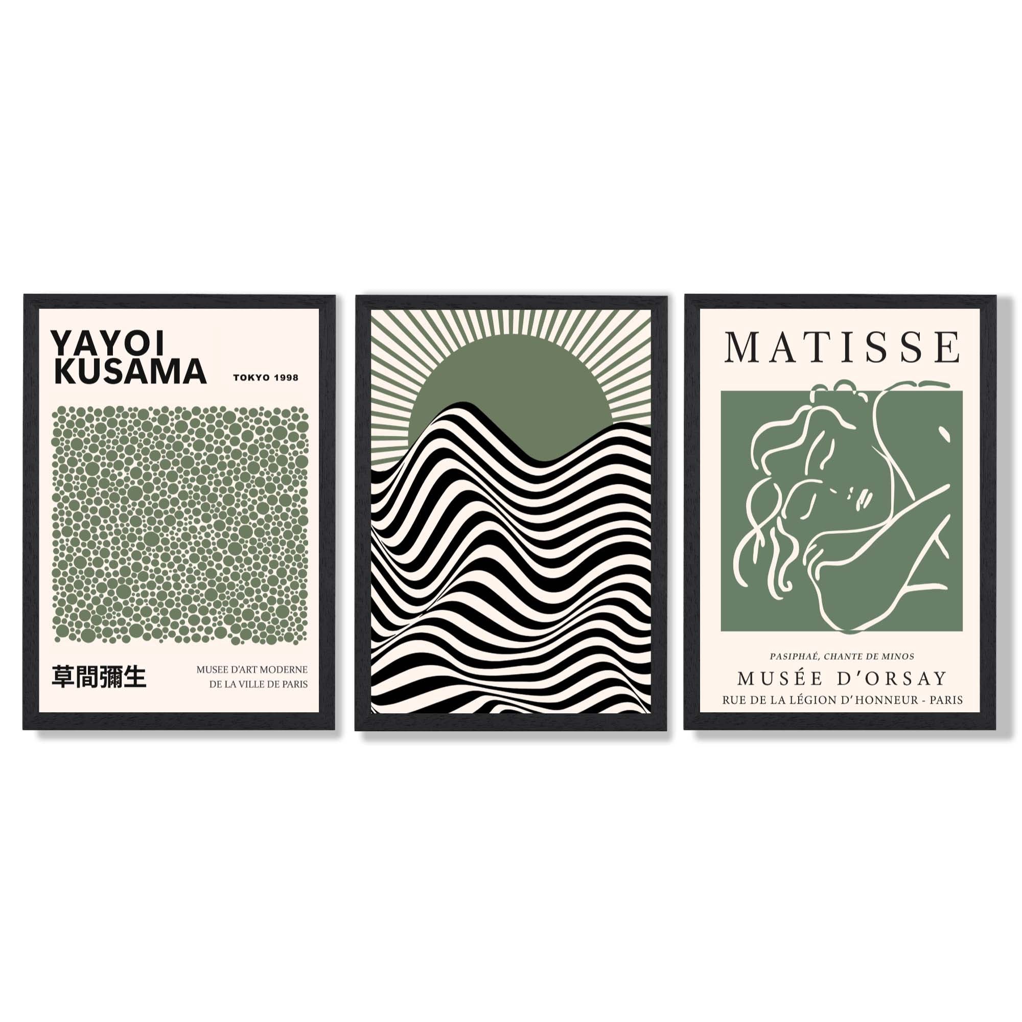 Kusama  Bauhaus Matisse Muse Set of 3 Green  Art Prints in Black Frames | Artze UK