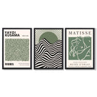 Kusama  Bauhaus Matisse Muse Set of 3 Green  Framed Wall Art with Black Wooden Frames