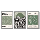 Kusama  Bauhaus Matisse Muse Set of 3 Green  Framed Wall Art with Dark Grey Wooden Frames