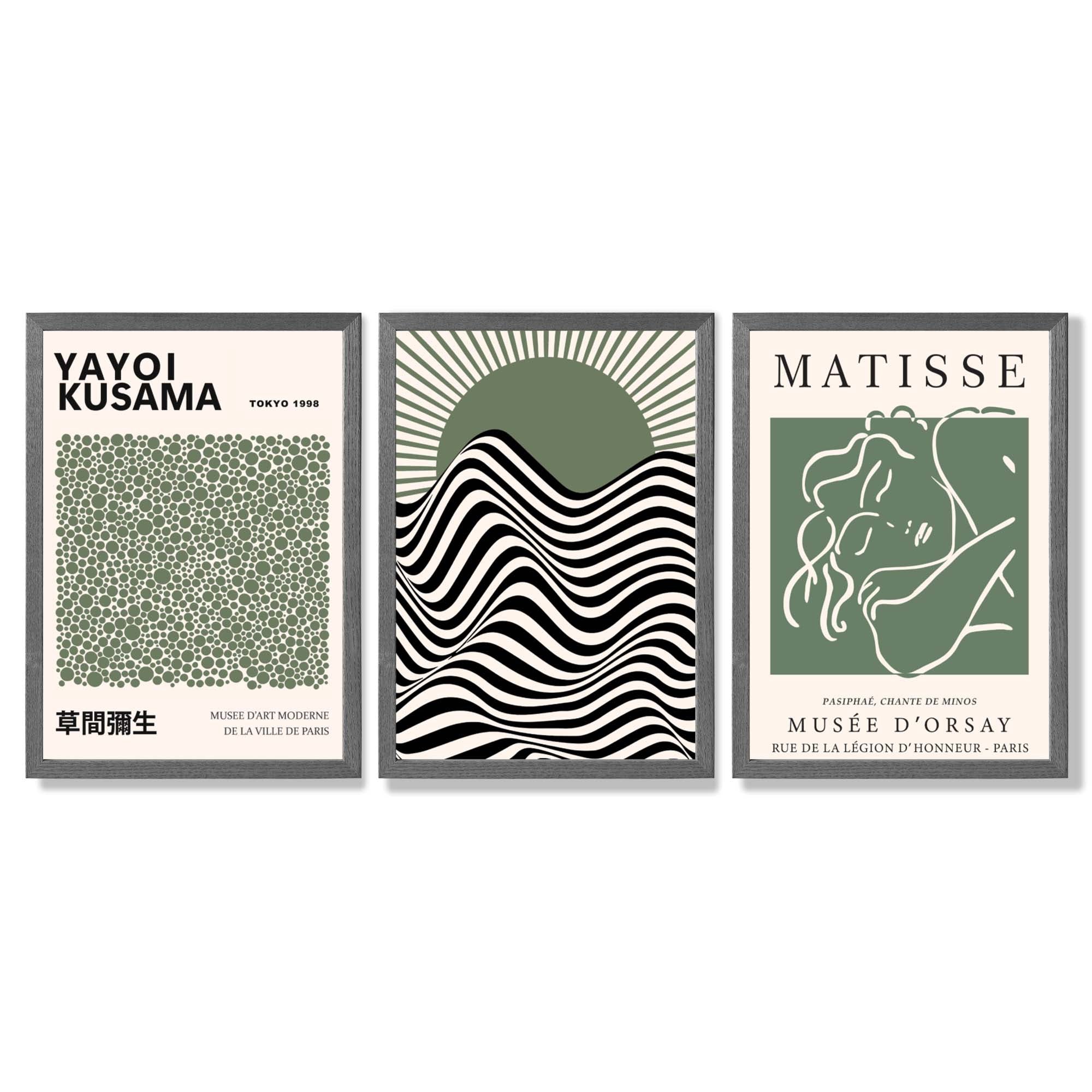 Kusama  Bauhaus Matisse Muse Set of 3 Green  Framed Wall Art with Dark Grey Wooden Frames