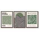 Kusama  Bauhaus Matisse Muse Set of 3 Green  Framed Wall Art with Dark Wood Frames