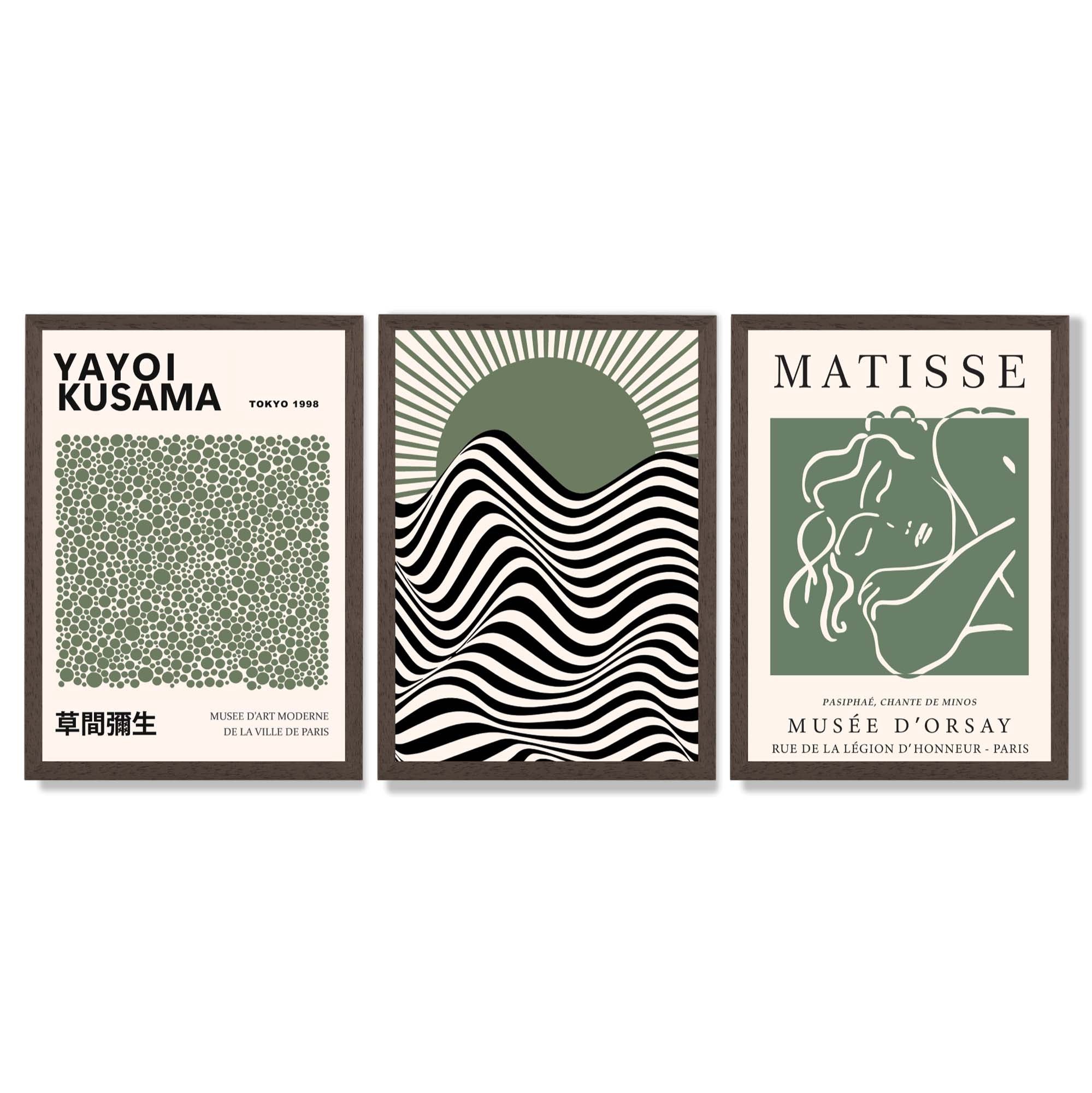 Kusama  Bauhaus Matisse Muse Set of 3 Green  Framed Wall Art with Dark Wood Frames