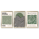 Kusama  Bauhaus Matisse Muse Set of 3 Green  Framed Wall Art with Gold Wood Frames