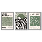 Kusama  Bauhaus Matisse Muse Set of 3 Green  Framed Wall Art with Light Grey Wooden Frames