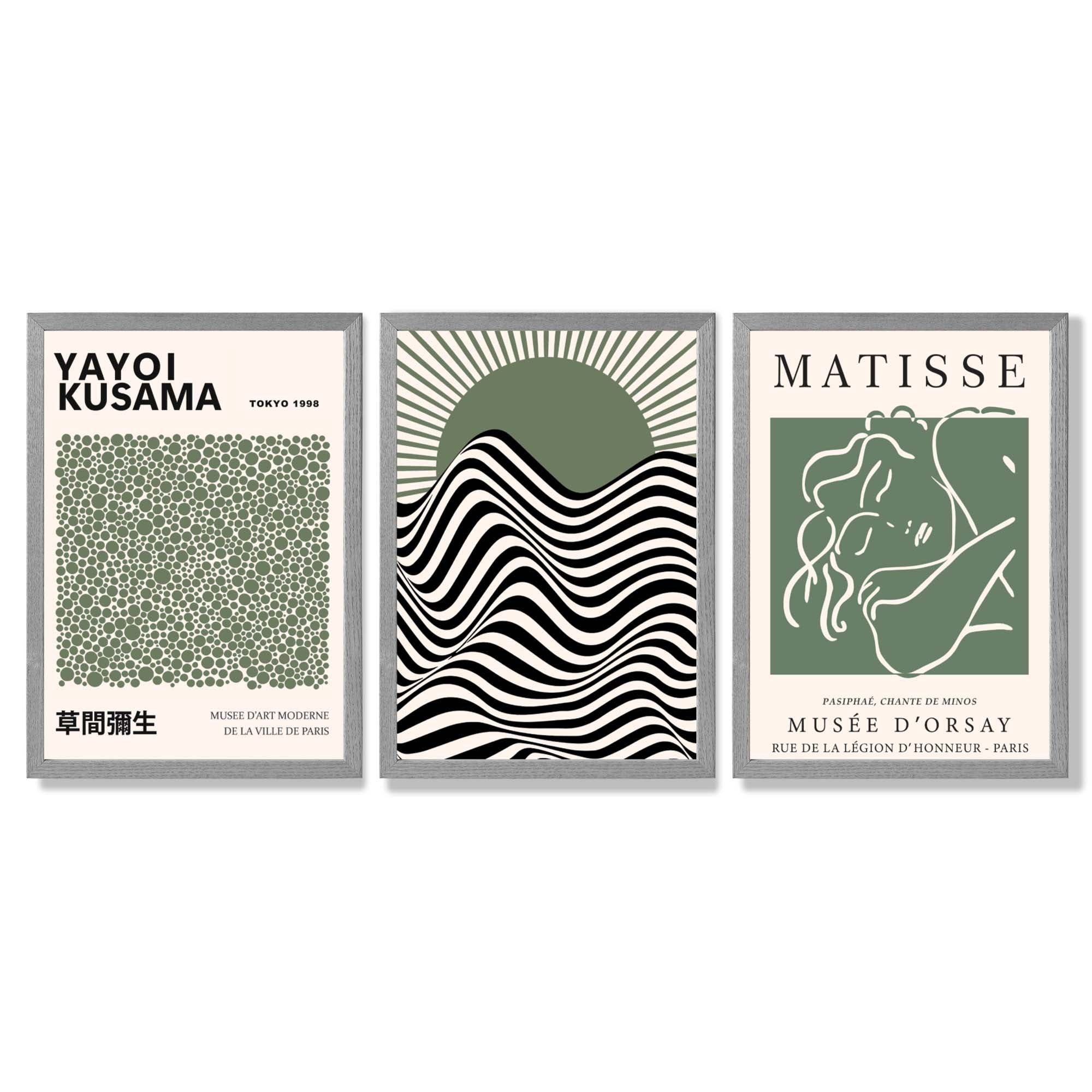 Kusama  Bauhaus Matisse Muse Set of 3 Green  Framed Wall Art with Light Grey Wooden Frames