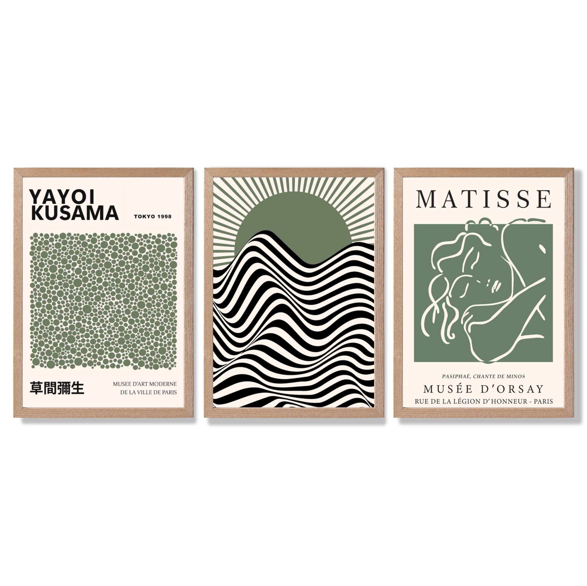 Kusama  Bauhaus Matisse Muse Set of 3 Green  Framed Wall Art with Light Oak Frames