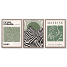 Kusama  Bauhaus Matisse Muse Set of 3 Green  Framed Wall Art with Light Walnut Frames