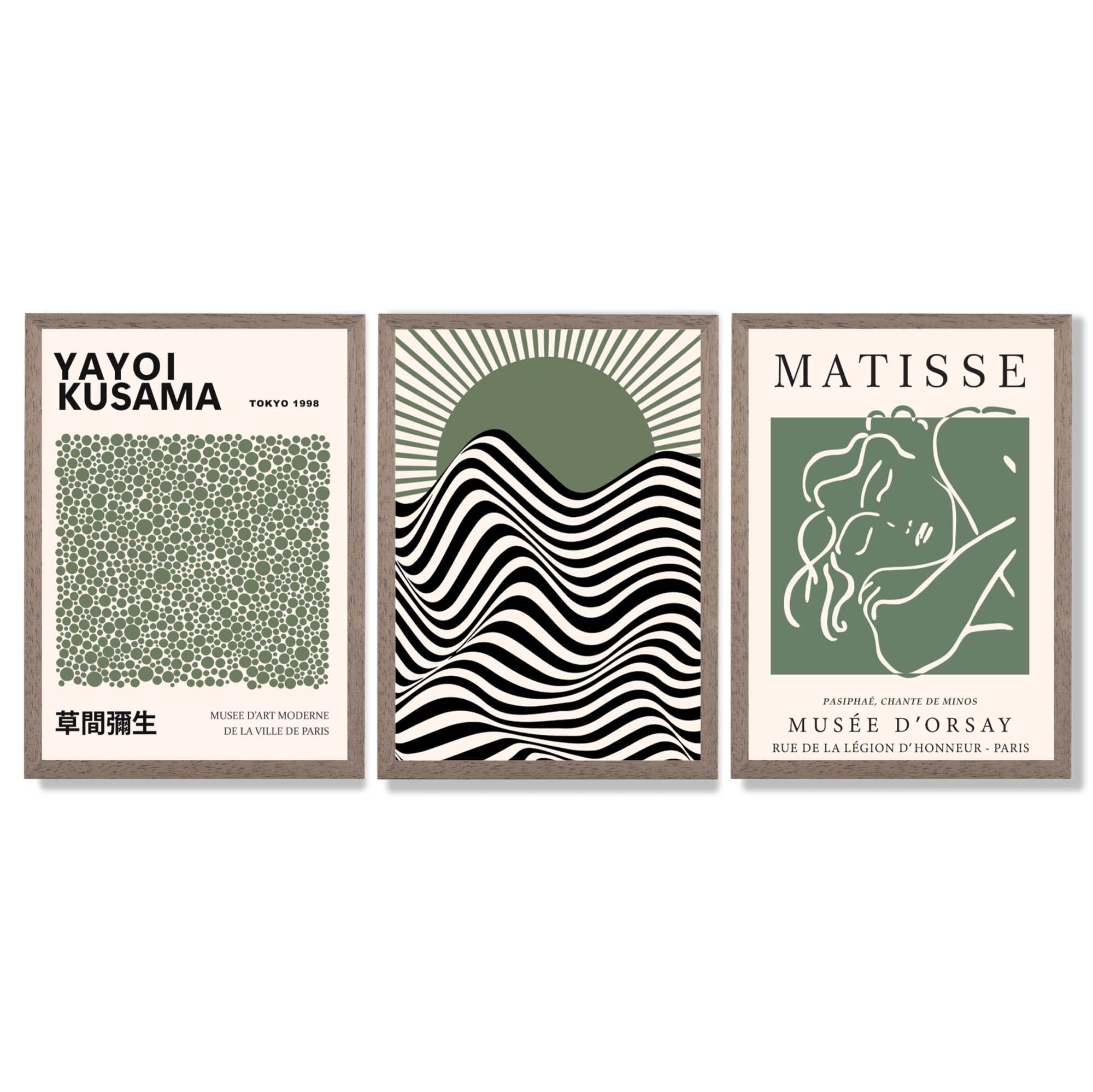 Kusama  Bauhaus Matisse Muse Set of 3 Green  Framed Wall Art with Light Walnut Frames