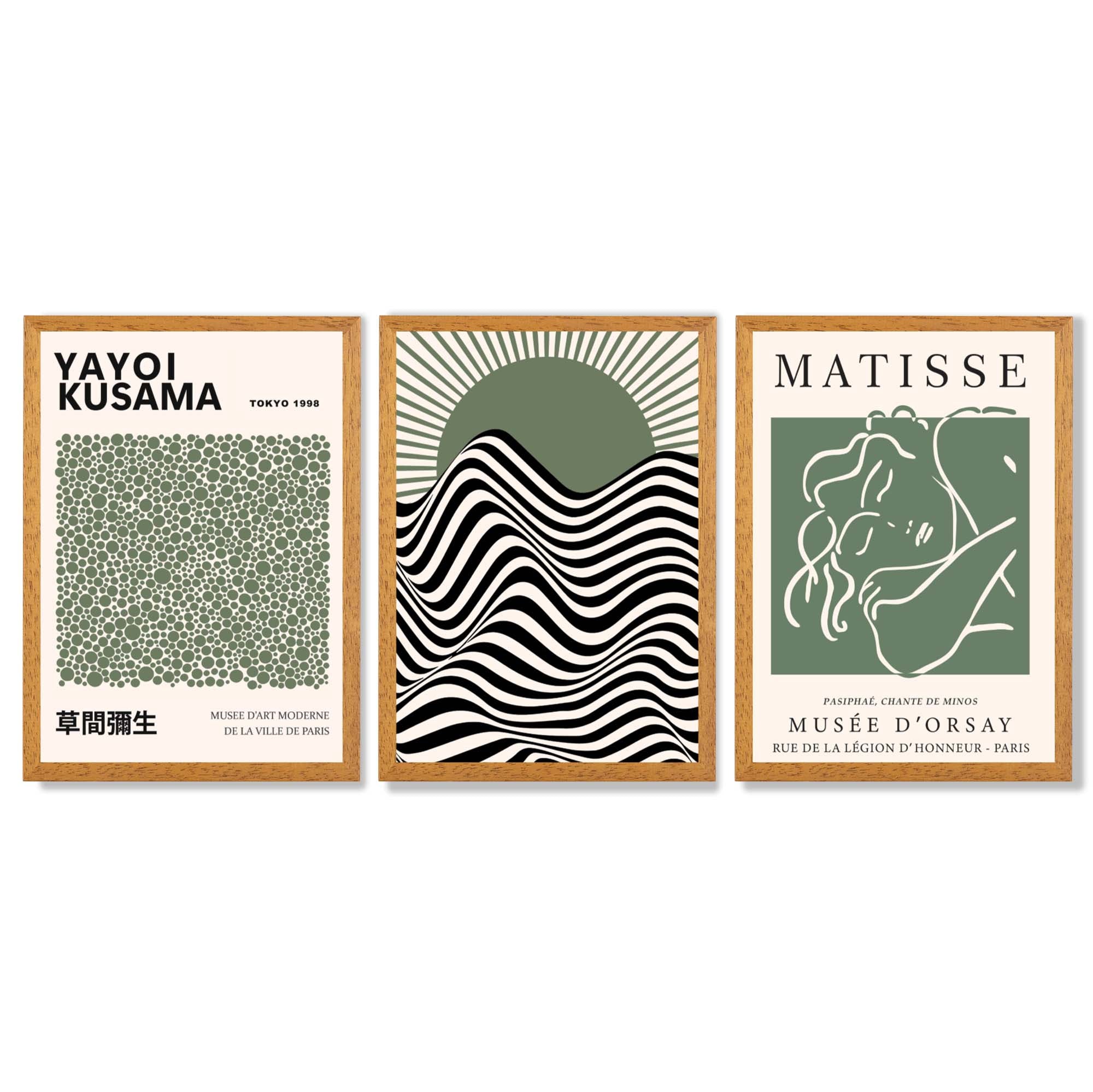 Kusama  Bauhaus Matisse Muse Set of 3 Green  Framed Wall Art with Oak Wooden Frames