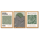 Kusama  Bauhaus Matisse Muse Set of 3 Green  Framed Wall Art with Oak Wooden Frames