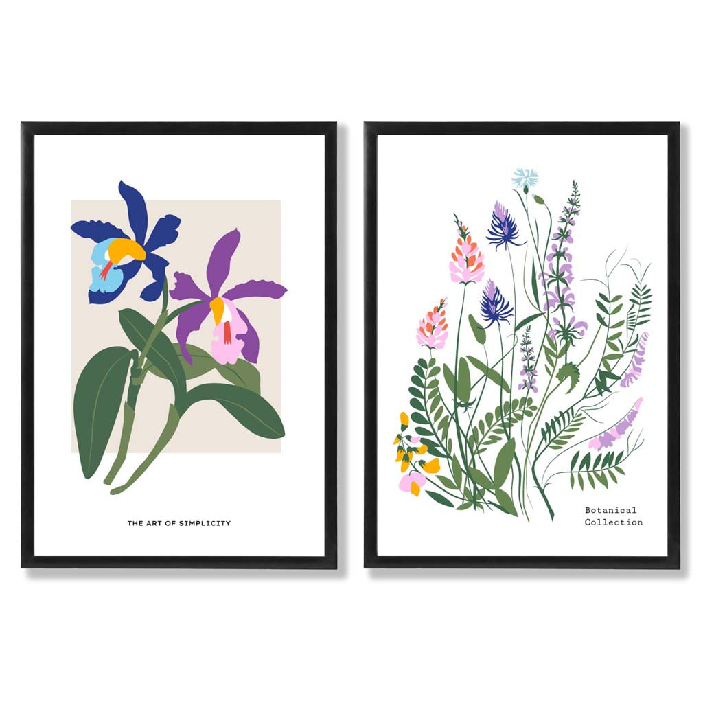 Colourful Spring Flowers Illustration Set of 2 Art Prints with Black Frame