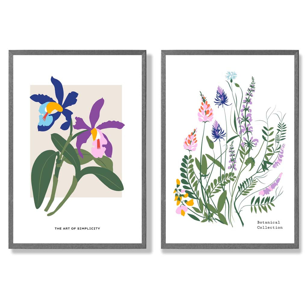 Colourful Spring Flowers Illustration Set of 2 Art Prints with Dark Grey Frame