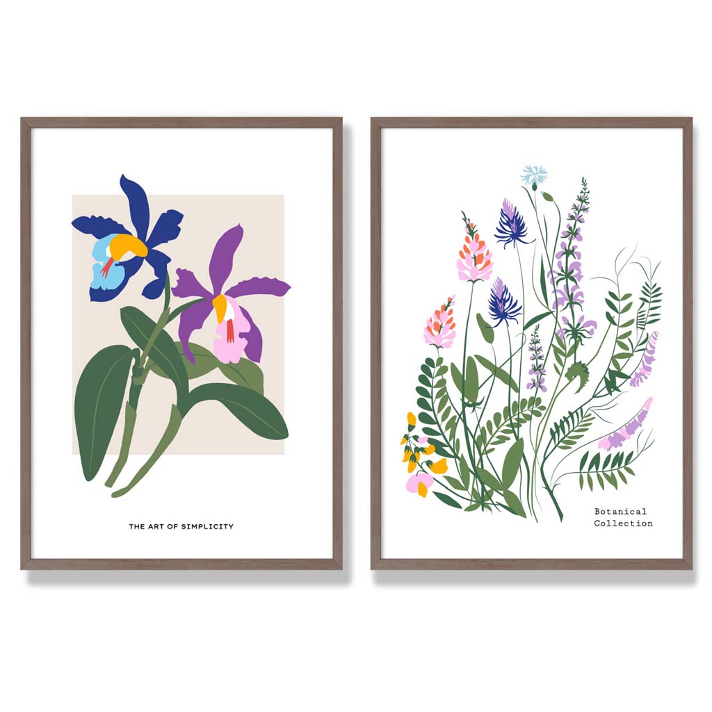 Colourful Spring Flowers Illustration Set of 2 Art Prints with Walnut Frame