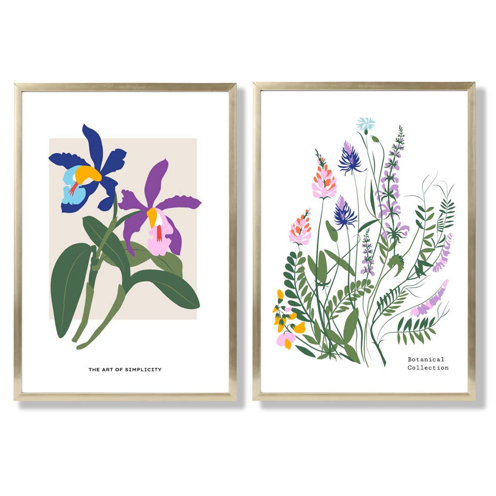 Colourful Spring Flowers Illustration Set of 2 Art Prints with Gold Frame