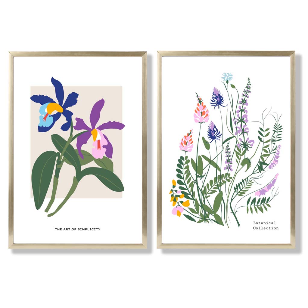 Colourful Spring Flowers Illustration Set of 2 Art Prints with Gold Frame