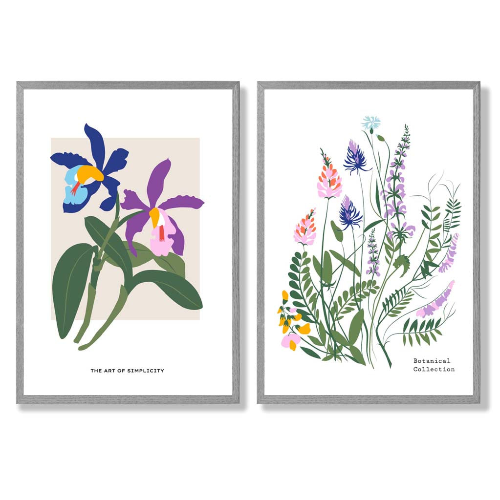 Colourful Spring Flowers Illustration Set of 2 Art Prints with Light Grey Frame