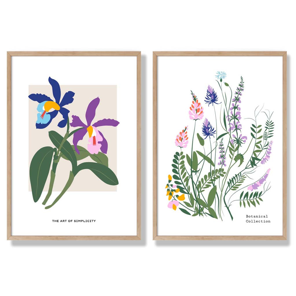 Colourful Spring Flowers Illustration Set of 2 Art Prints with Oak Frame