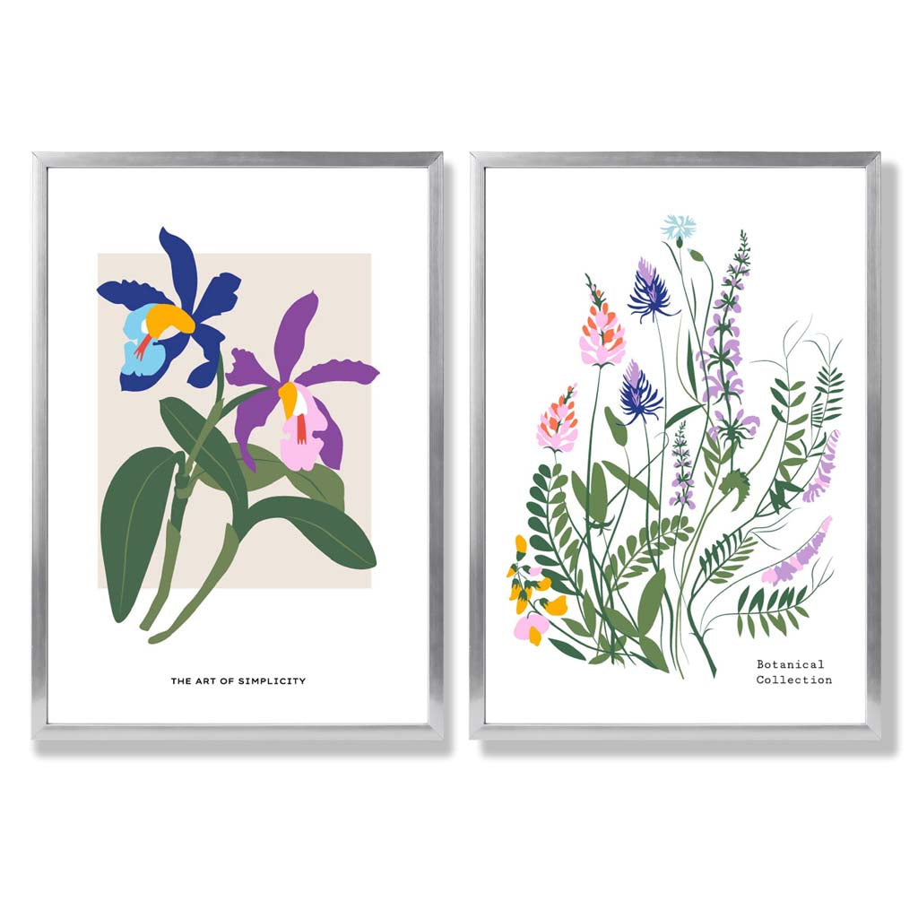 Colourful Spring Flowers Illustration Set of 2 Art Prints with Silver Frame