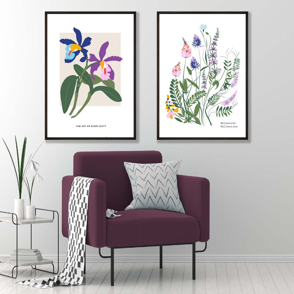 Set of 2 Colourful Purple and Blue Spring Flowers Illustration Prints | Artze Wall Art UK