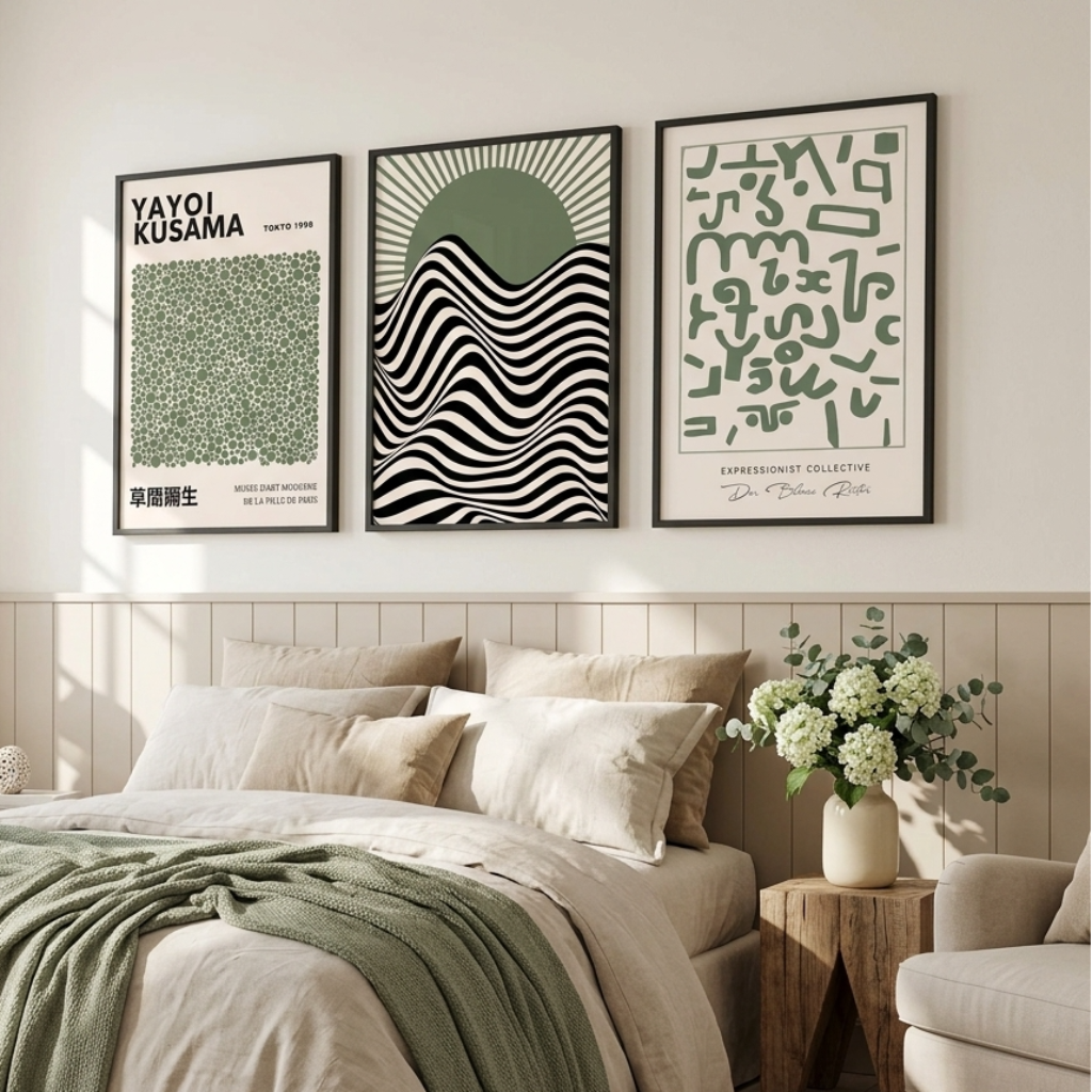Three framed art prints with green, black, and white designs hang on a beige wall above a neatly made bed in a bright, modern bedroom.