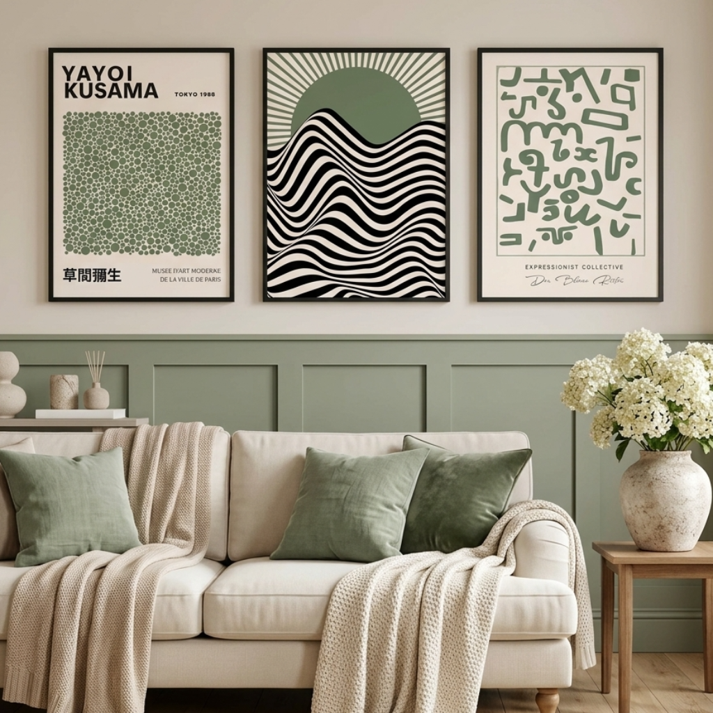 Three framed abstract art prints in black, cream, and sage green hang on a beige wall above a cream sofa with green pillows and a beige throw blanket in a styled living room.