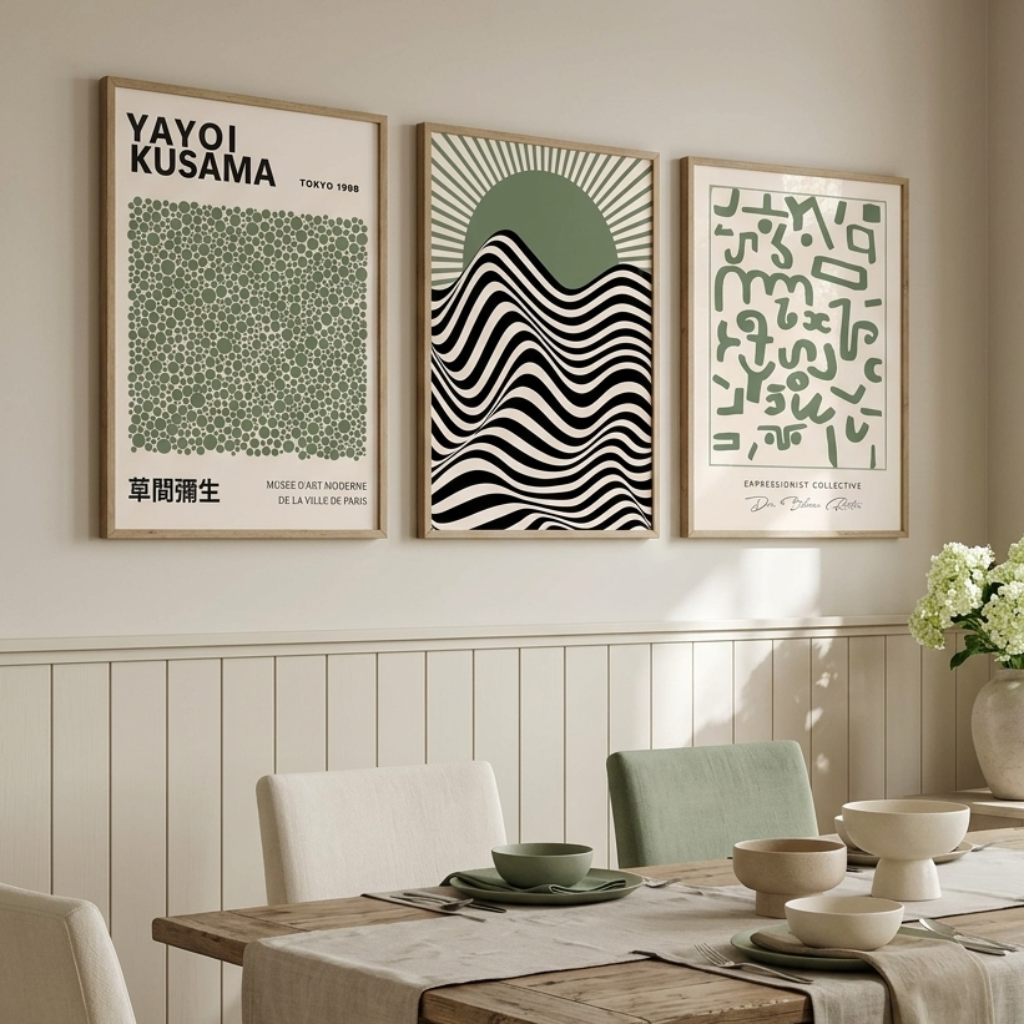 Three framed art prints featuring Japanese-inspired designs hang on a beige wall above a wooden dining table with cream and sage green chairs. The prints include textured green patterns, black and white wavy lines with a green sun motif, and abstract green symbols on a white background.