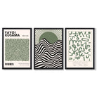 Kusama Bauhaus Klee Expression Set of 3 Green Art Prints in Black Frames | Artze UK