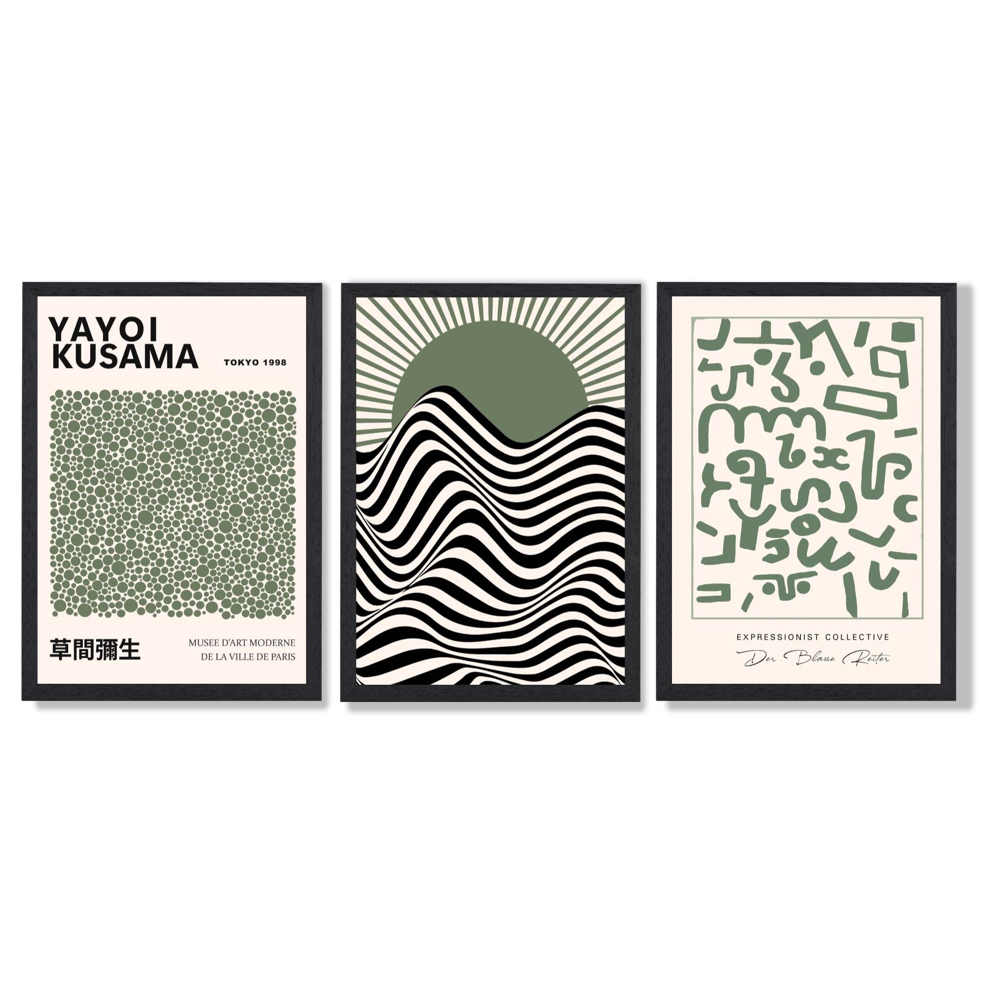 Kusama Bauhaus Klee Expression Set of 3 Green Art Prints in Black Frames | Artze UK