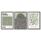 Kusama Bauhaus Klee Expression Set of 3 Green Framed Wall Art with Dark Grey Wooden Frames