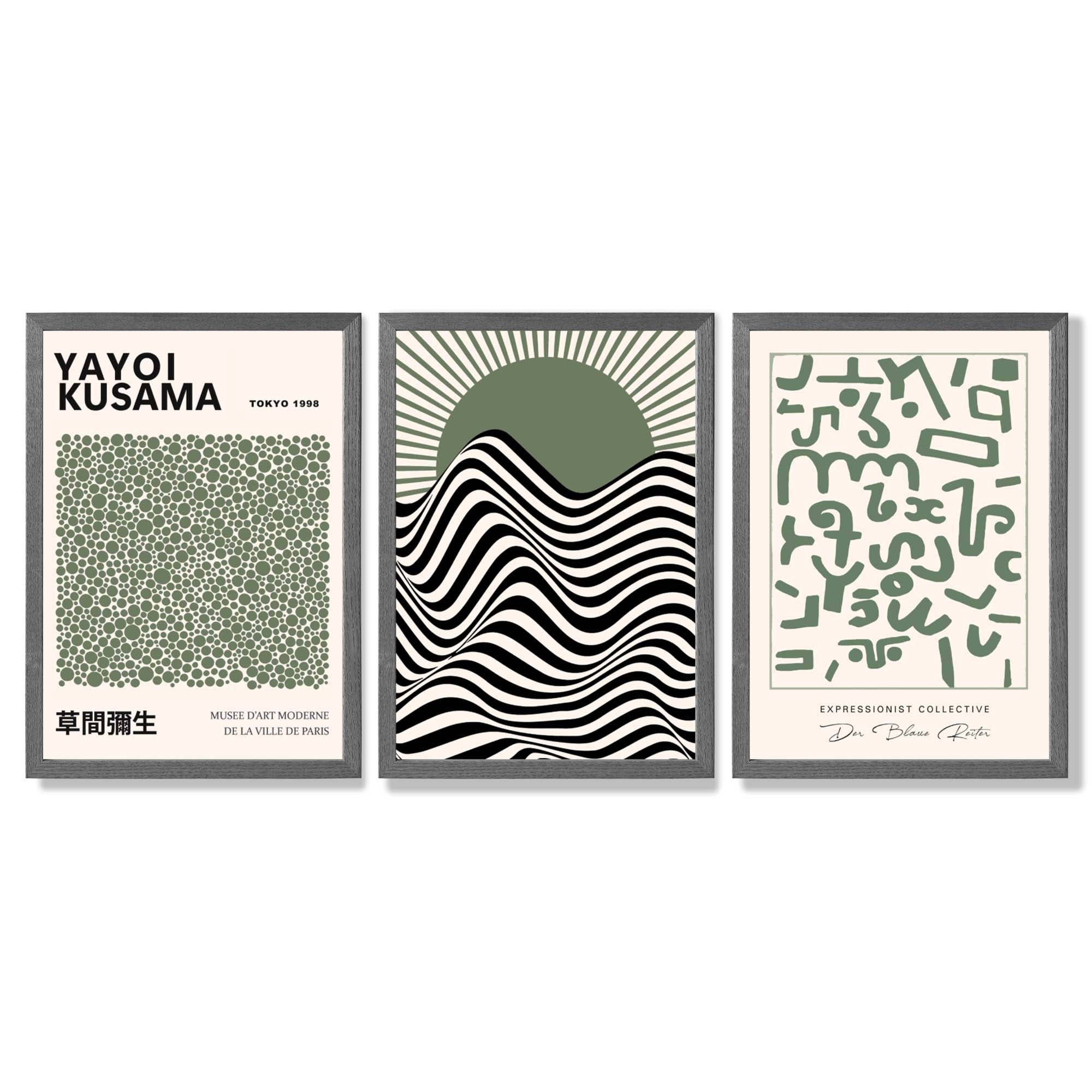 Kusama Bauhaus Klee Expression Set of 3 Green Framed Wall Art with Dark Grey Wooden Frames