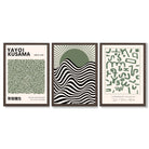 Kusama Bauhaus Klee Expression Set of 3 Green Framed Wall Art with Dark Wood Frames