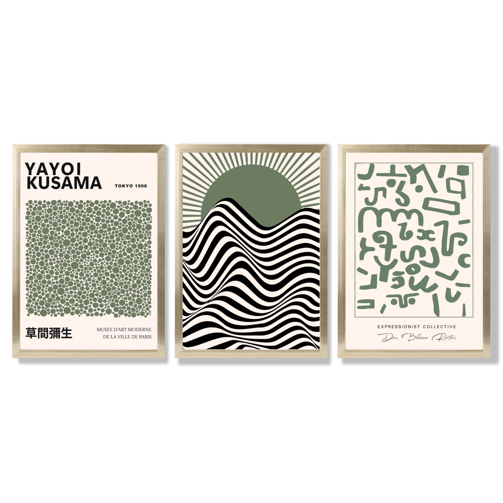 Kusama Bauhaus Klee Expression Set of 3 Green Framed Wall Art with Gold Wood Frames