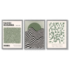 Kusama Bauhaus Klee Expression Set of 3 Green Framed Wall Art with Light Grey Wooden Frames