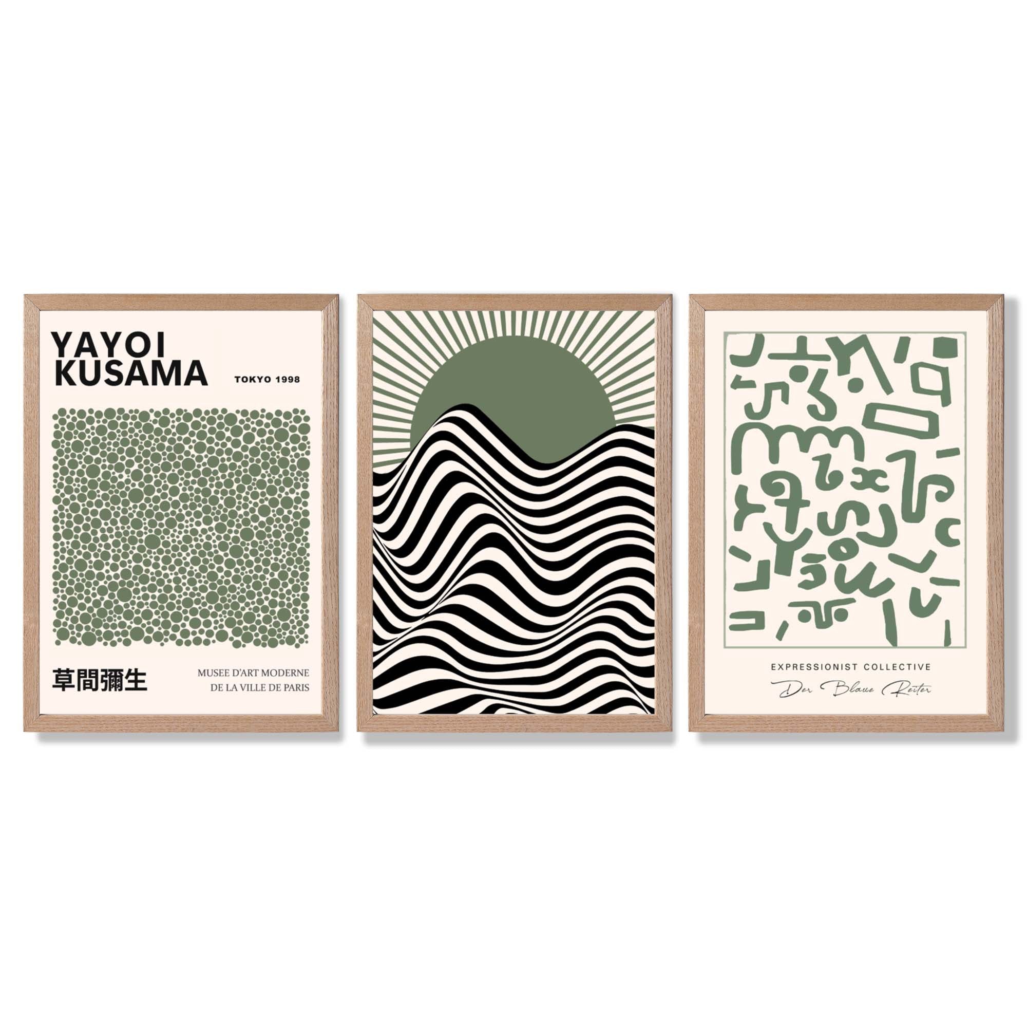 Kusama Bauhaus Klee Expression Set of 3 Green Framed Wall Art with Light Oak Frames