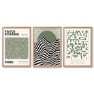 Kusama Bauhaus Klee Expression Set of 3 Green Framed Wall Art with Light Oak Frames