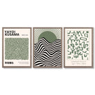 Kusama Bauhaus Klee Expression Set of 3 Green Framed Wall Art with Light Walnut Frames