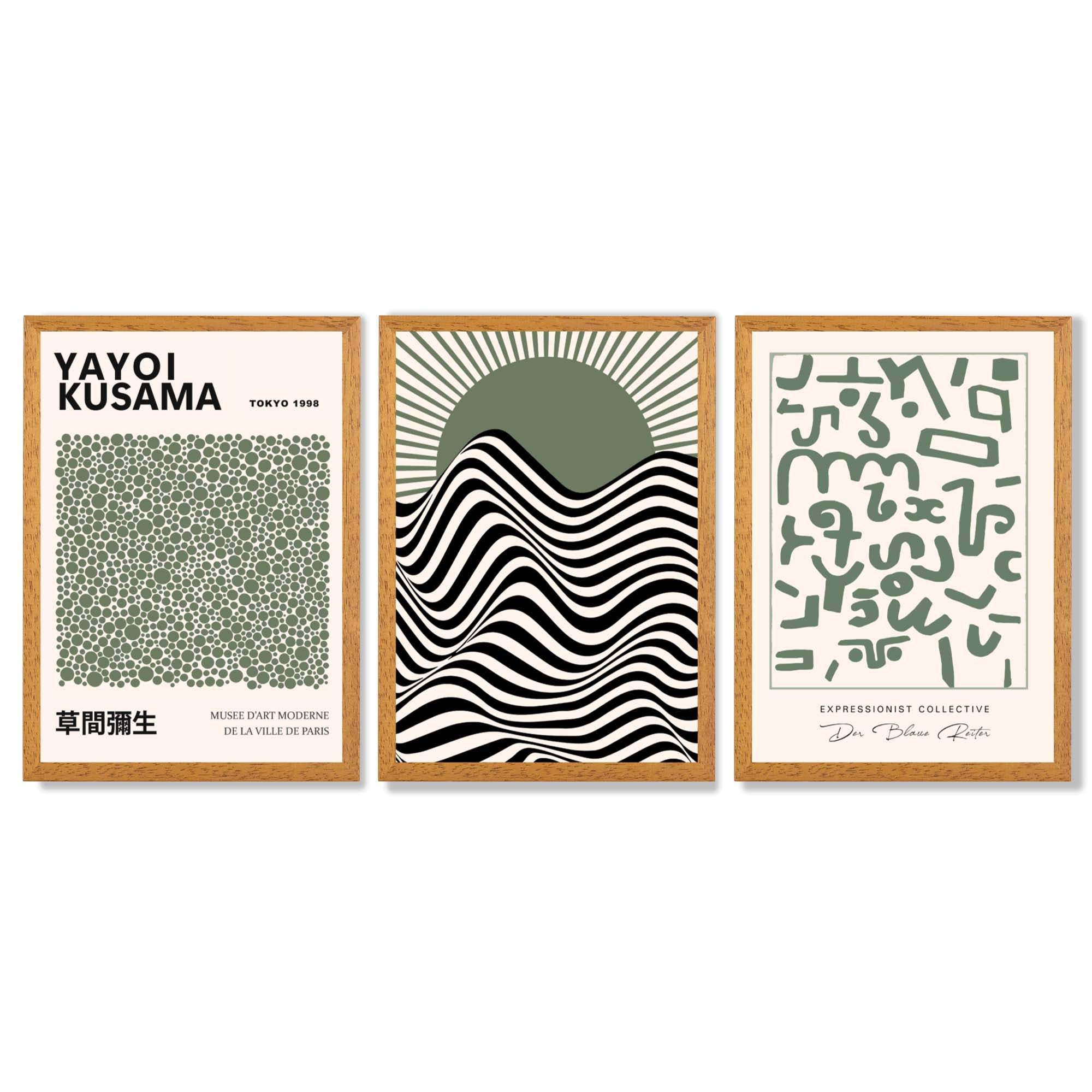 Kusama Bauhaus Klee Expression Set of 3 Green Framed Wall Art with Oak Wooden Frames