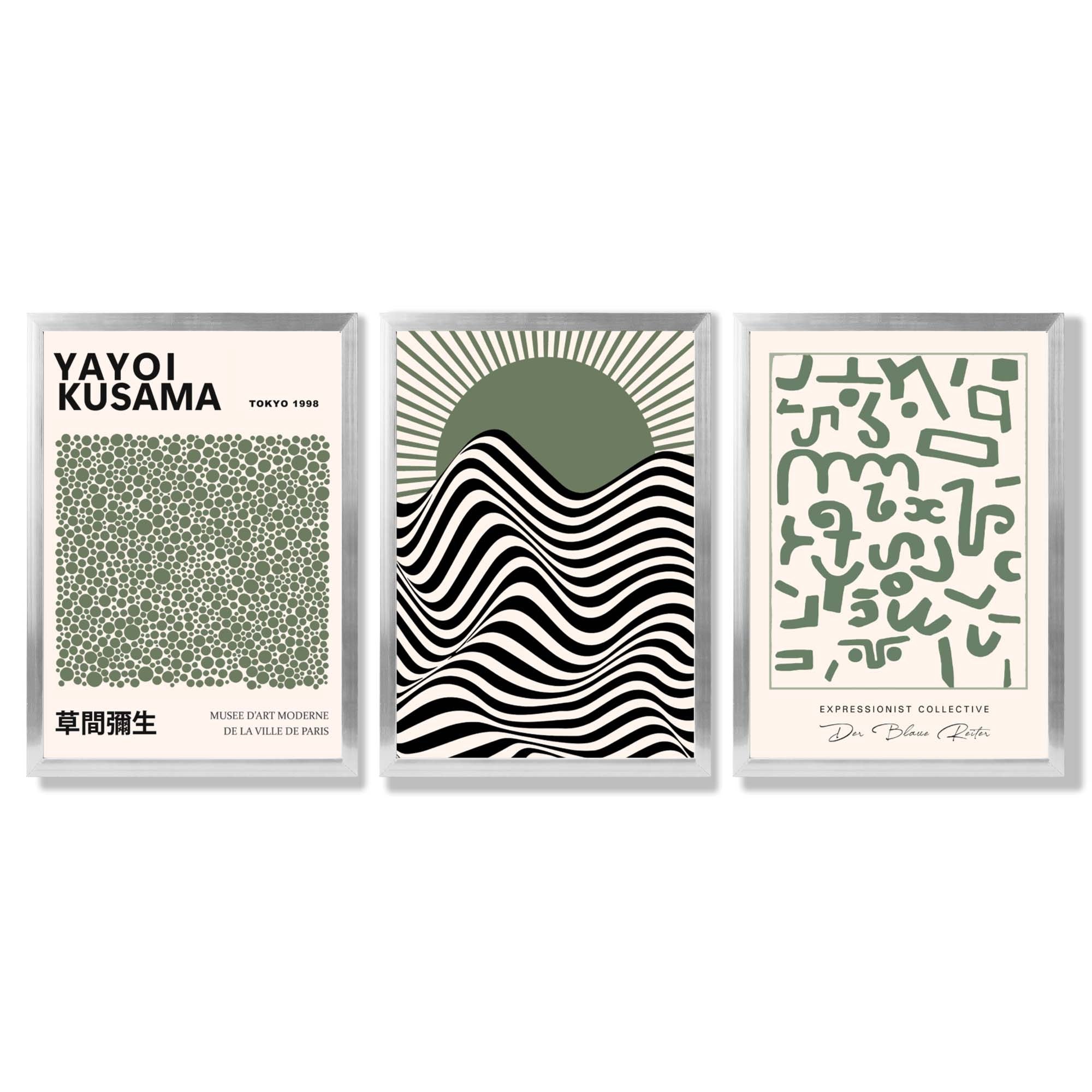 Kusama Bauhaus Klee Expression Set of 3 Green Framed Wall Art with Silver Wood Frames