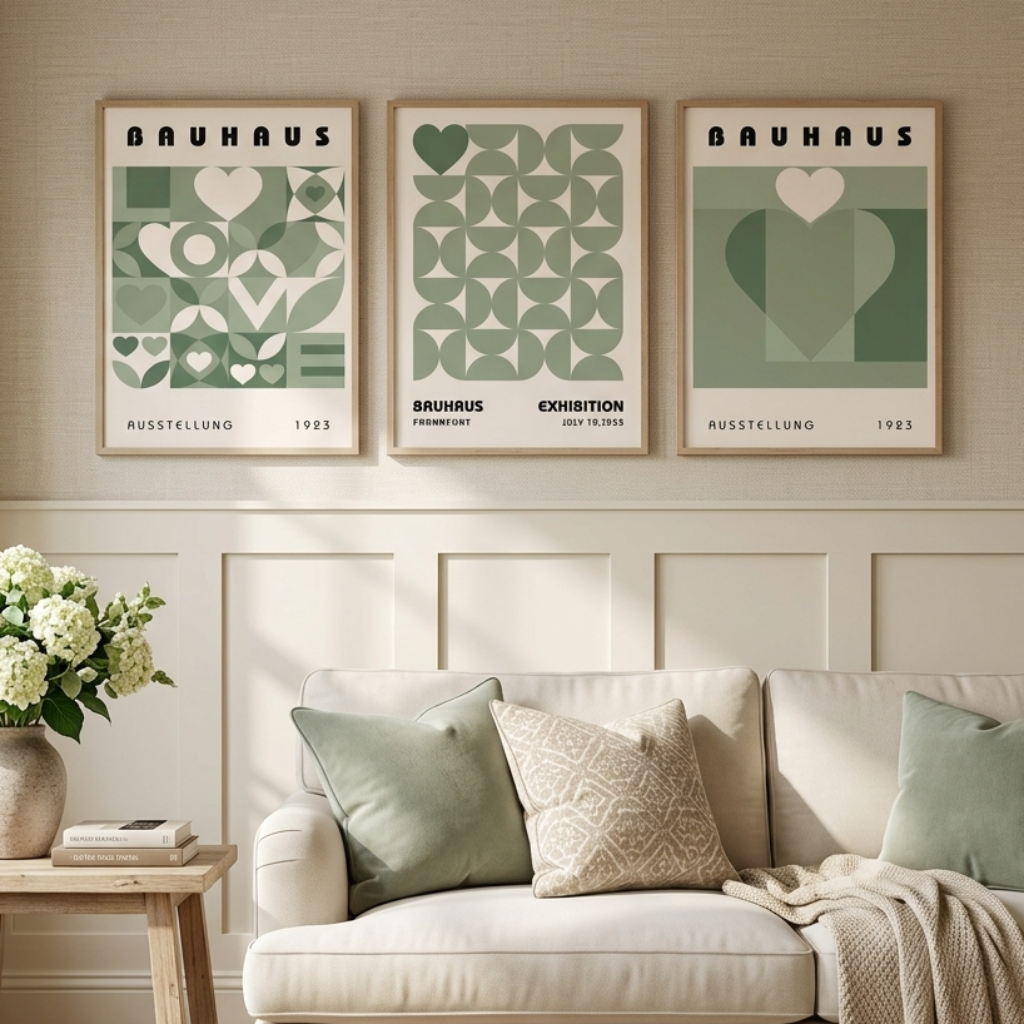 Three framed Bauhaus-style art prints in sage green and cream tones are displayed on a beige wall above a cream sofa with green and beige pillows in a bright, modern living room.