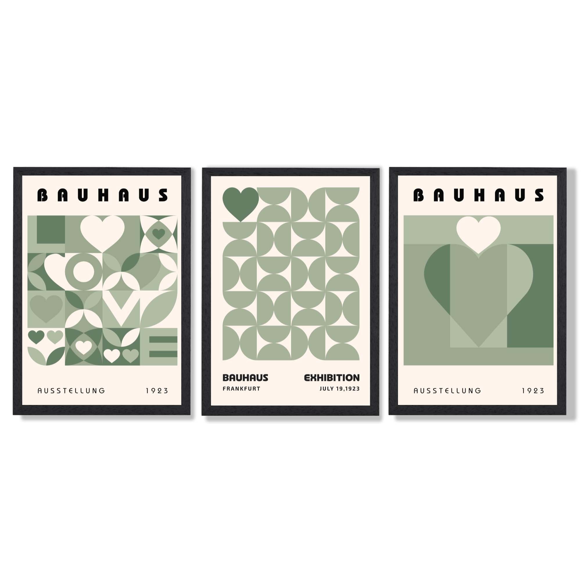 Bauhaus Love Geometric Set of 3 Green Art Prints in Black Frames | Artze UK
