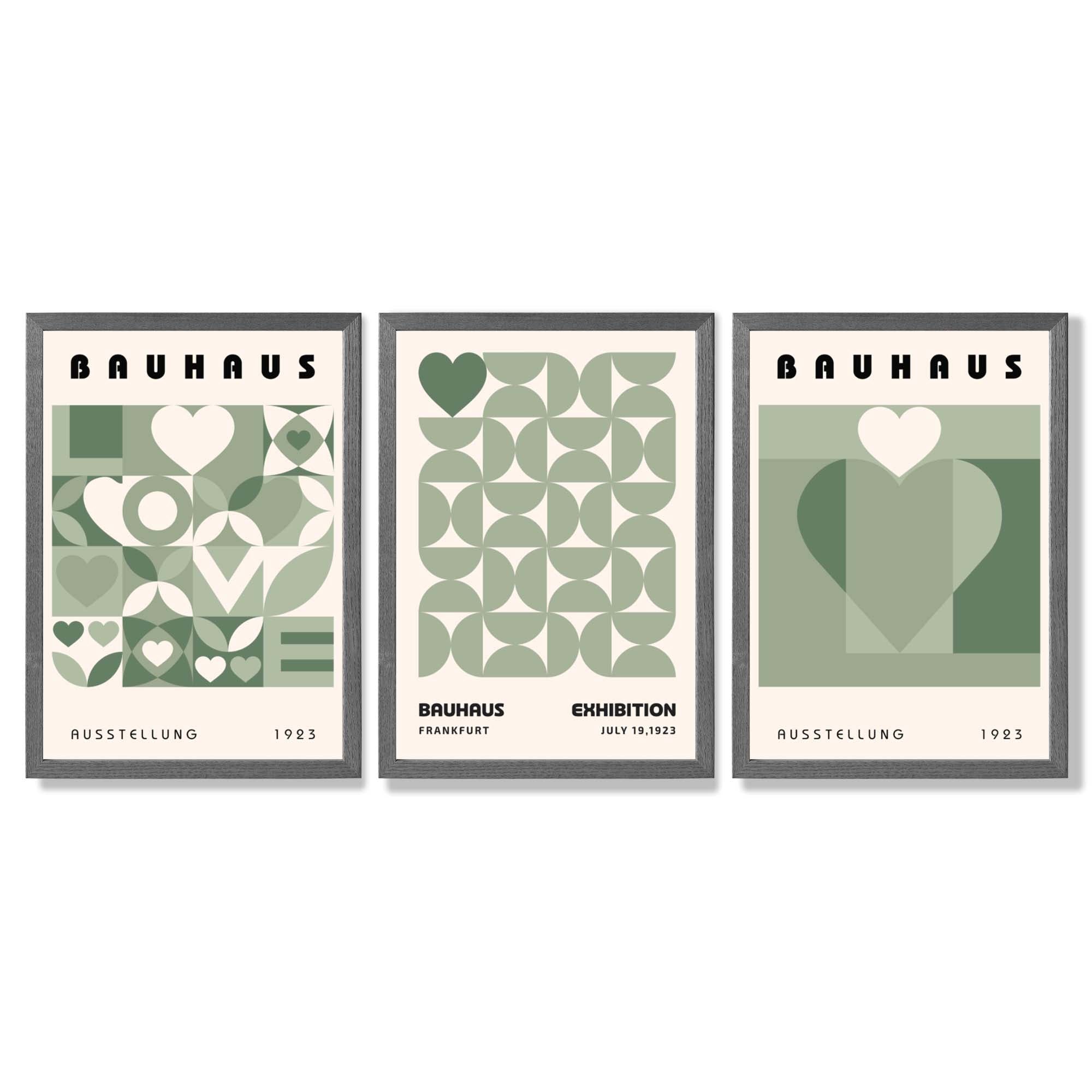 Bauhaus Love Geometric Set of 3 Green Framed Wall Art with Dark Grey Wooden Frames