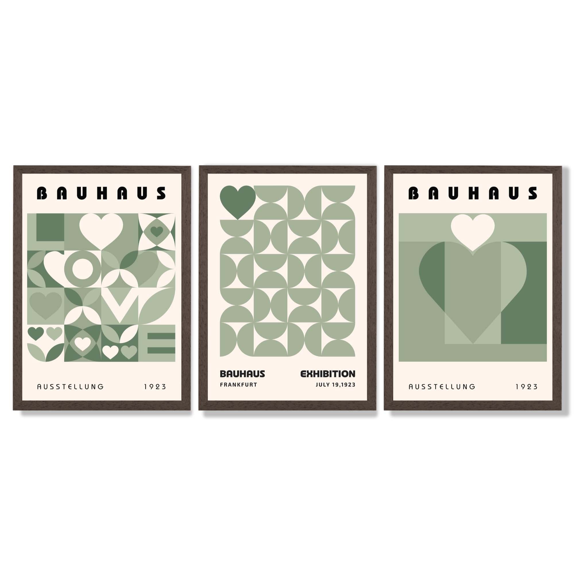 Bauhaus Love Geometric Set of 3 Green Framed Wall Art with Dark Wood Frames