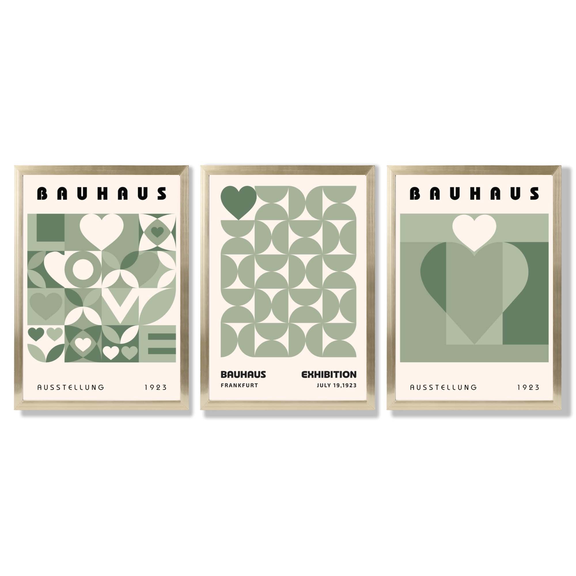 Bauhaus Love Geometric Set of 3 Green Framed Wall Art with Gold Wood Frames